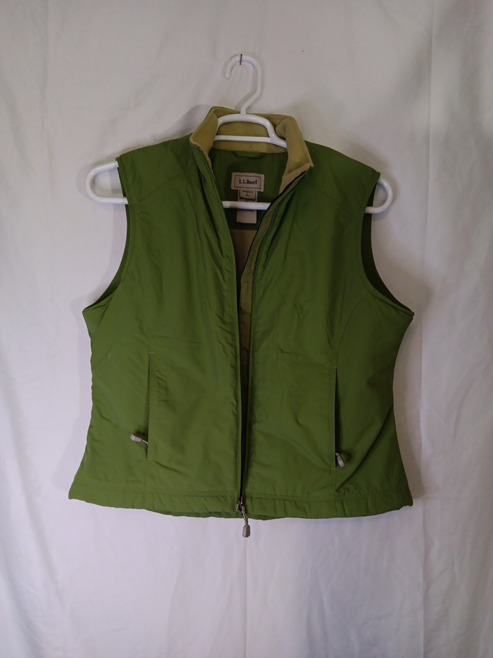 LL BEAN Vest Womens L Nylon Fleece Lined Full Zip Mock Neck Jacket Green