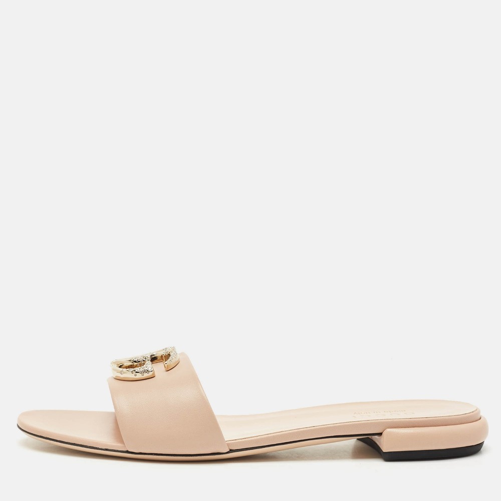 Gucci Light Pink Leather Double G Logo Flat Slides Size 39