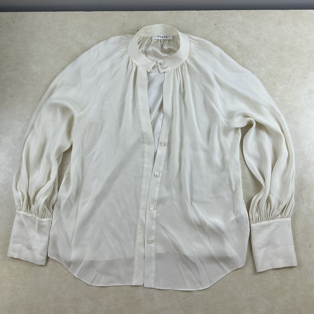 Frame Womens Collared Silk Button Long Sleeve Basic Blouse White Size Sz Large