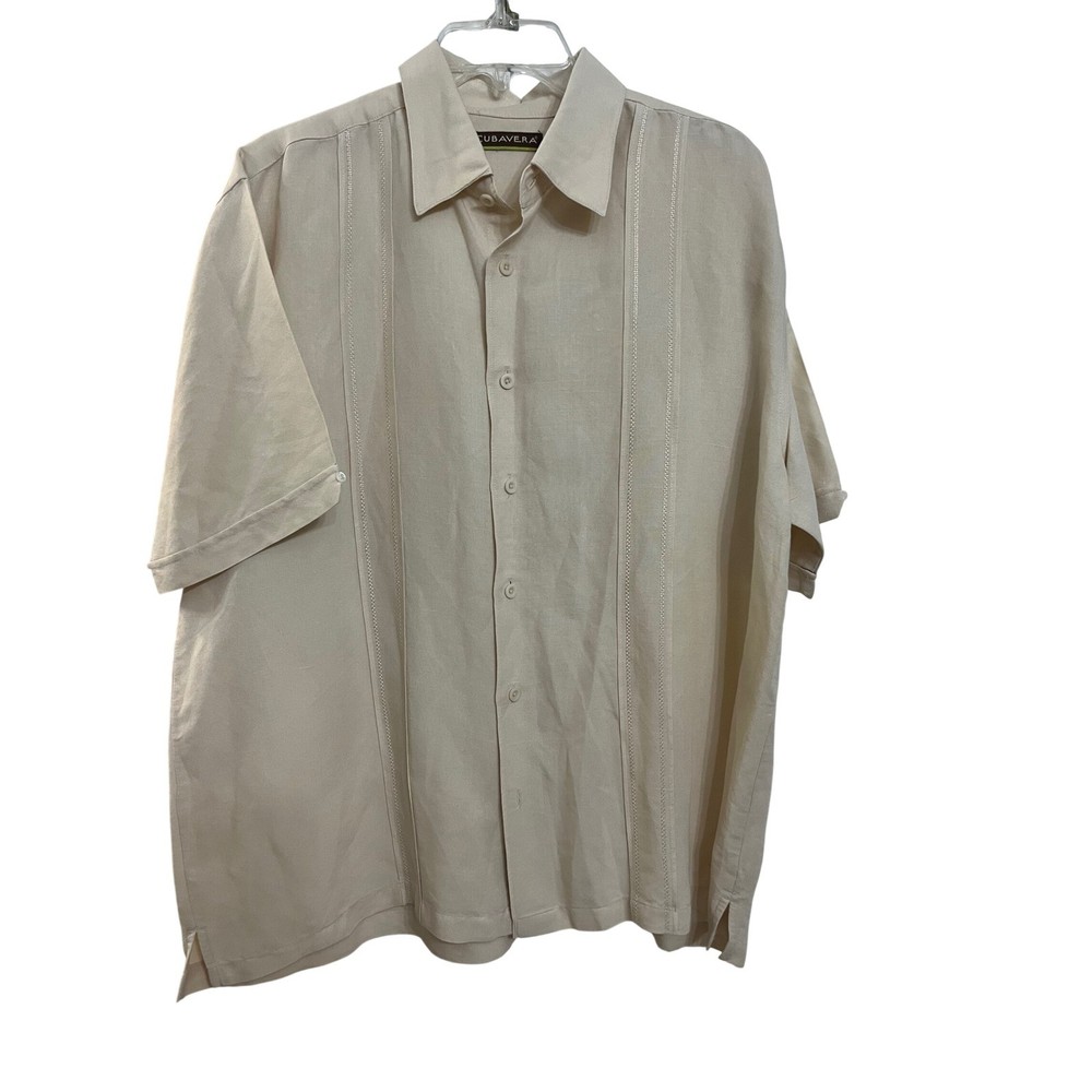 CUBAVERA Mens Beige Linen Blend Short Sleeve Button Up Shirt XL