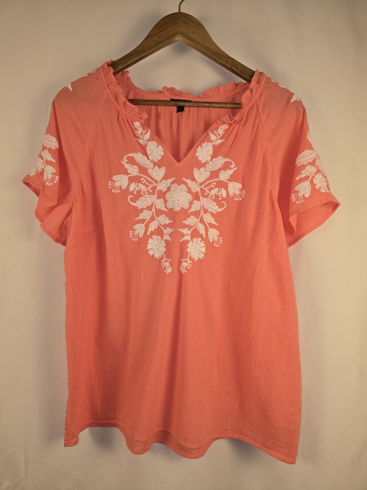 Women's Talbots Salmon Pink Embroidered Voile Peasant Tunic Blouse Size Large