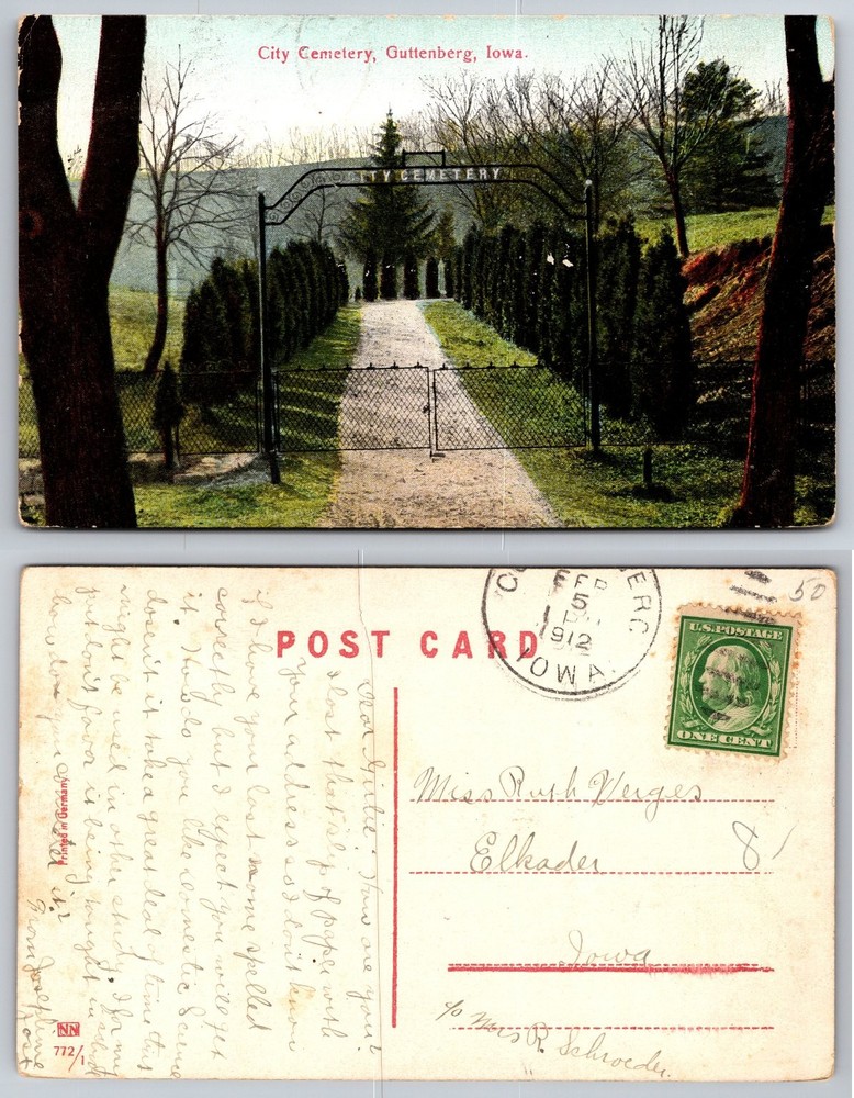 1912 City Cemetery Guttenberg Iowa Postcard - Arched Gate Entrance View