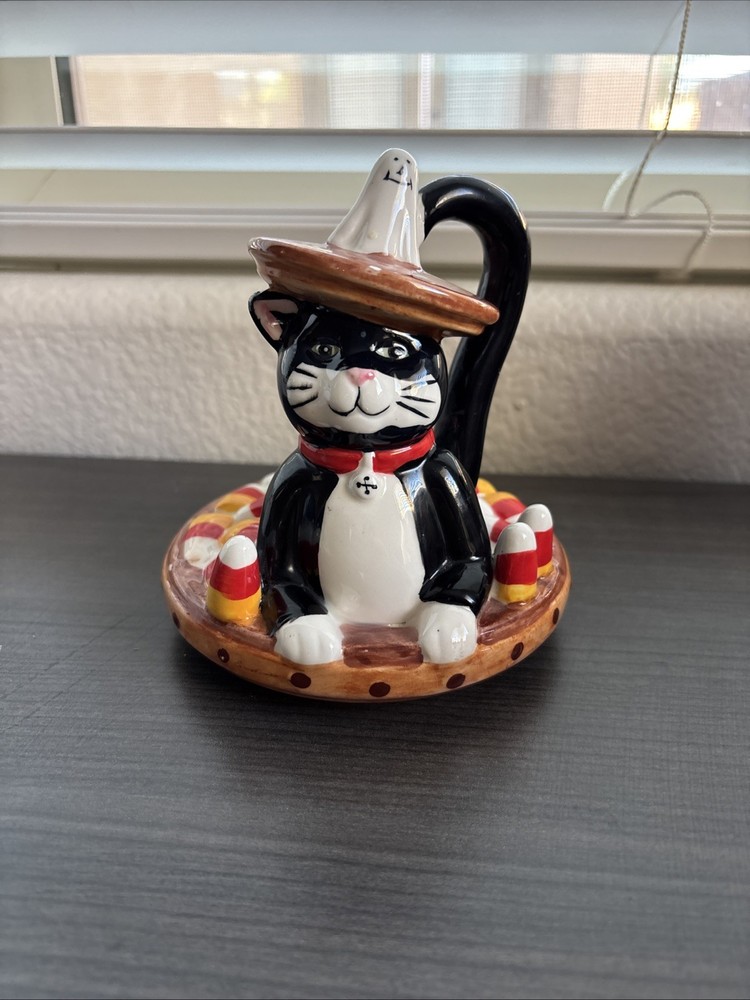 Longaberger Pottery Black Cat Candy Corn Ghost  Ceramic Replacement Lid Rare