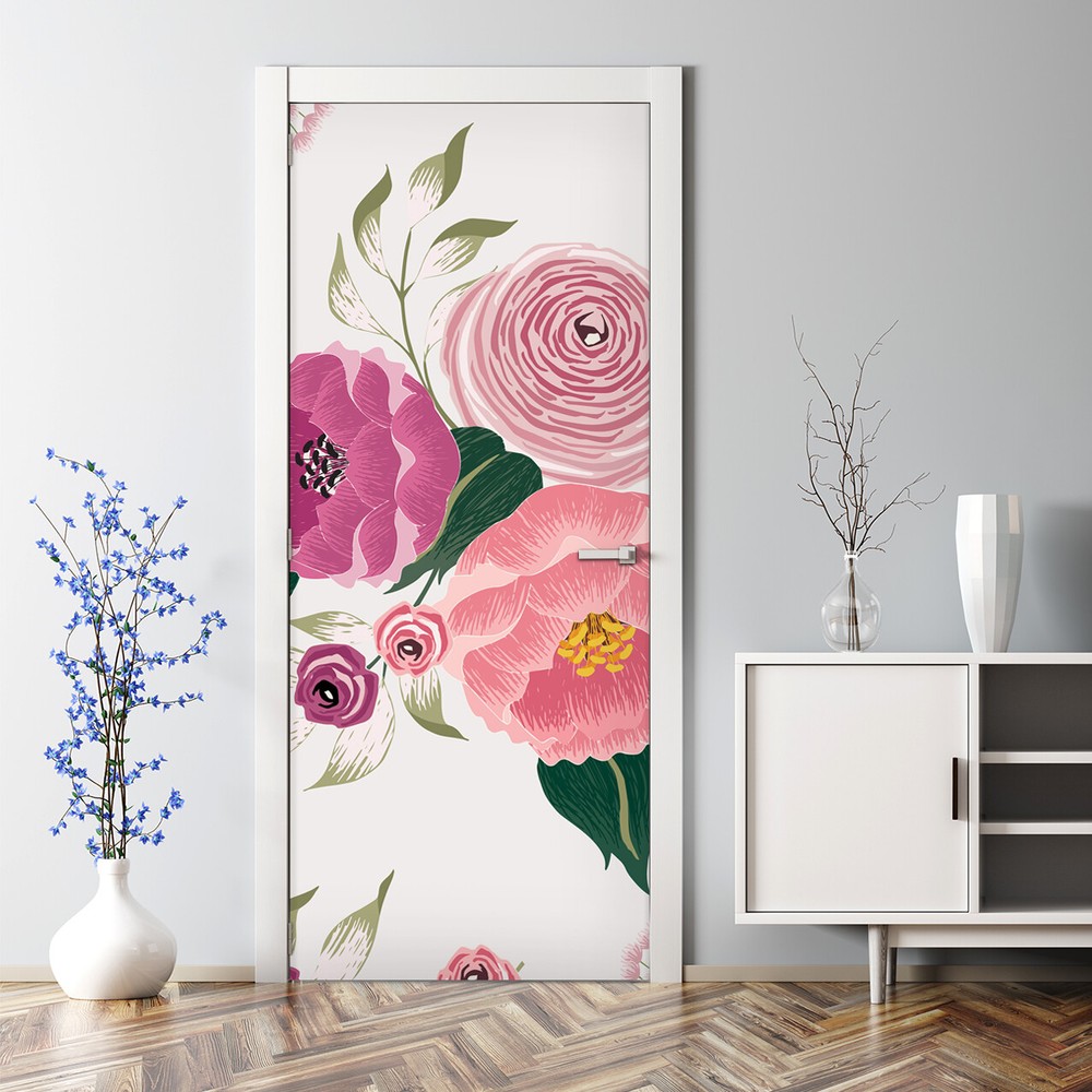 Pink spring floral Bubble Free Door sticker pink and white Home Decor