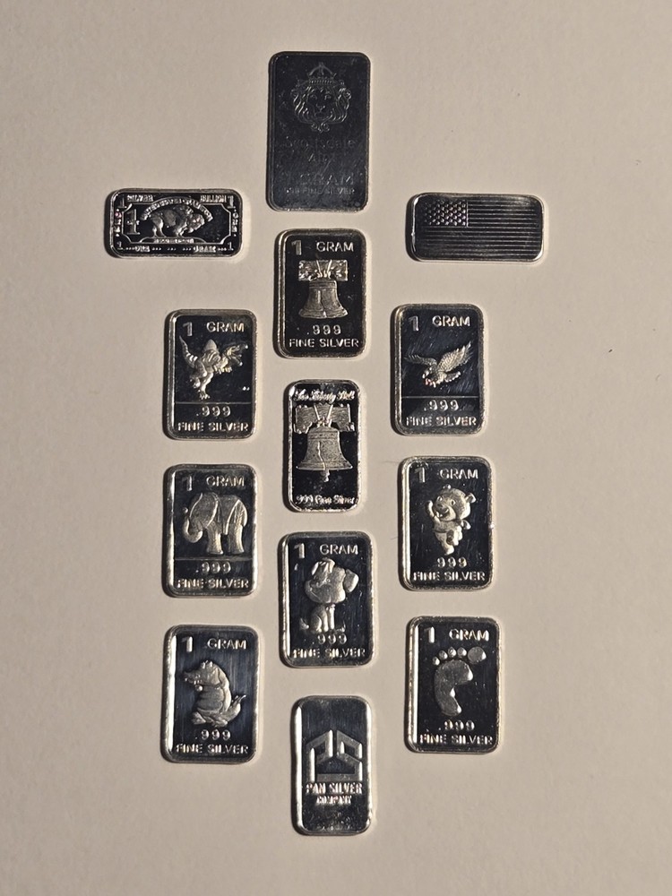 Very Nice Mixed Lot Of 13 Fractional .999 Fine Silver 1gram Bars