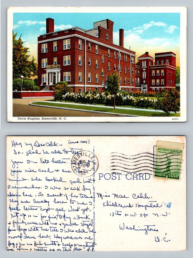 Statesville, NC-North Carolina, Davis Hospital Building Vintage c1942 Postcard