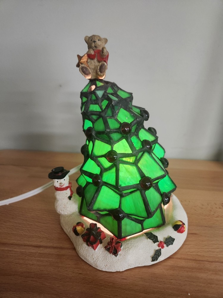 Tiffany Christmas Tree Design Holiday Accent Lamp Bear Snowman Stained Glass-image