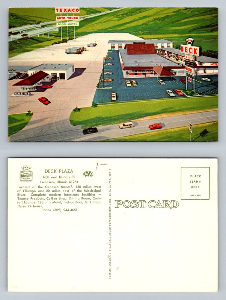 Geneseo, IL-Illinois, Aerial Deck Plaza Texaco Auto Truck Motel Vintage Postcard