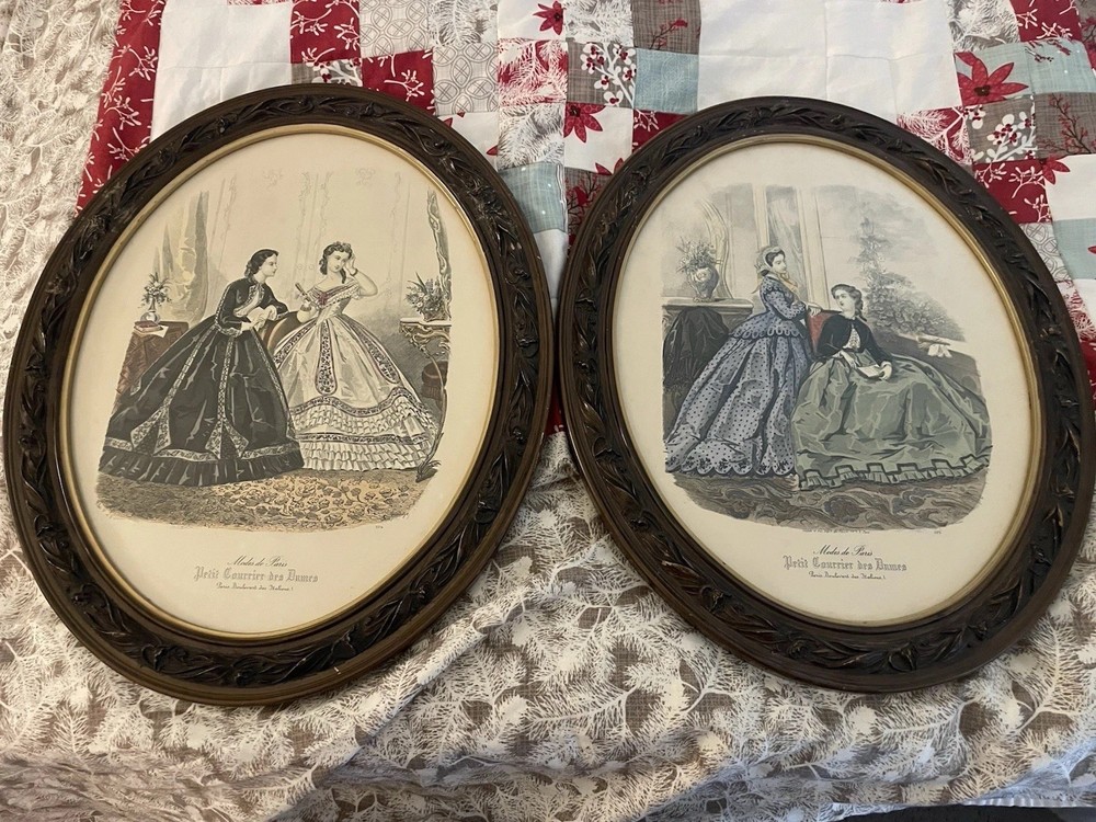 Antique La Mode Victorian French Fashion Prints Oval Frames Lot of 2
