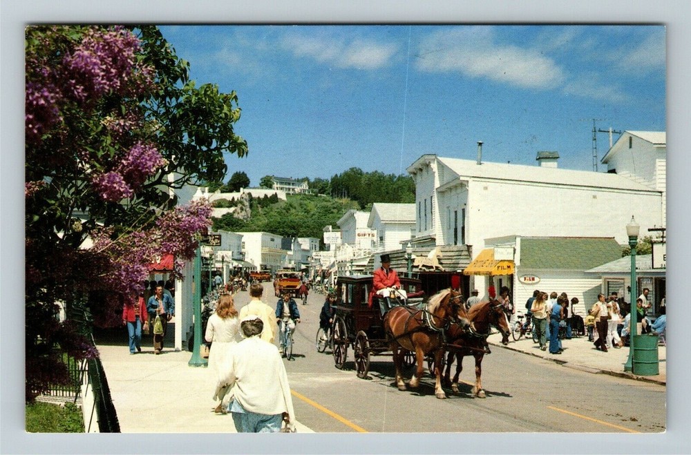 Mackinac Island MI-Michigan, Main Street, Lilac Trees Bloom Vintage Postcard