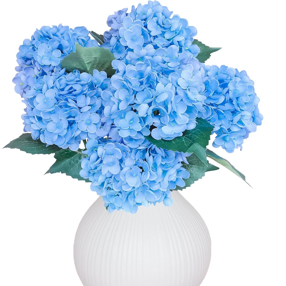 6PCS Premium Blue Silk Hydrangea Artificial Flowers Bouquets - Realistic Fake Hy