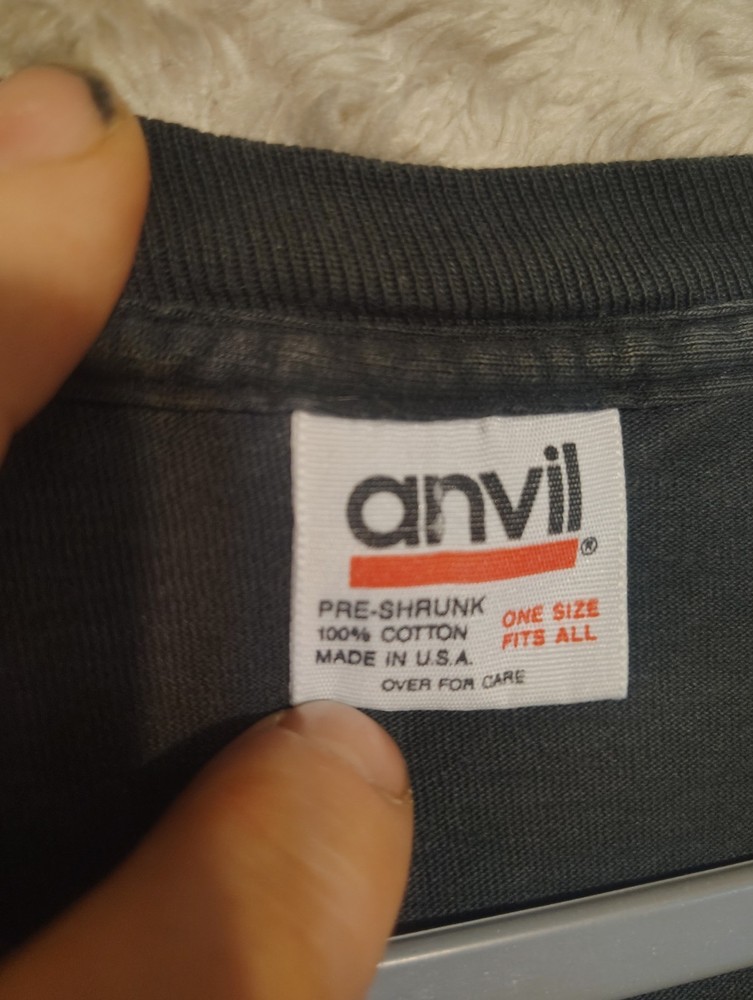 Vtg 90s Anvil Unisex One Size/ Oversized Single Stitch Black T Shirt  Distressed