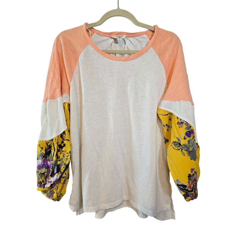 Umgee USA Peach Cream Colorblock Floral Balloon Sleeve Raglan Top Large G2616