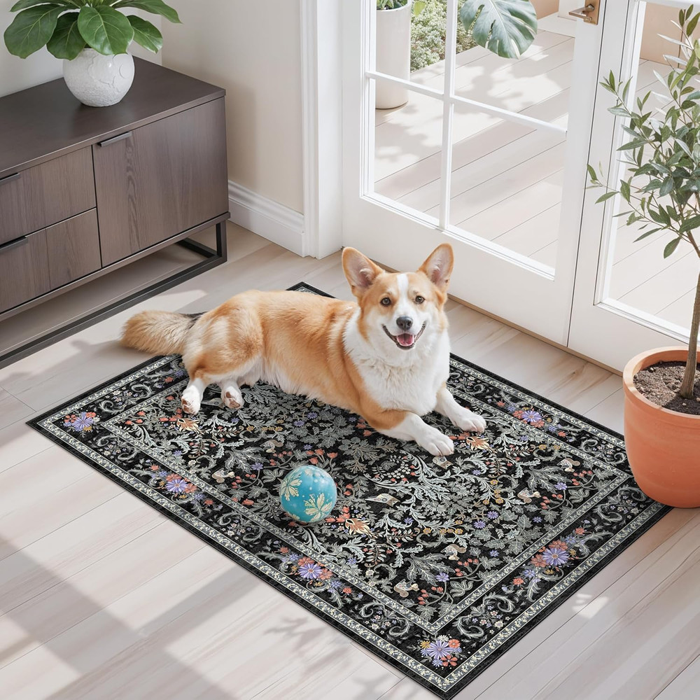 2X3 Entryway Rug Washable Non-Slip - Soft Low Pile Botanical Small Area Rug for