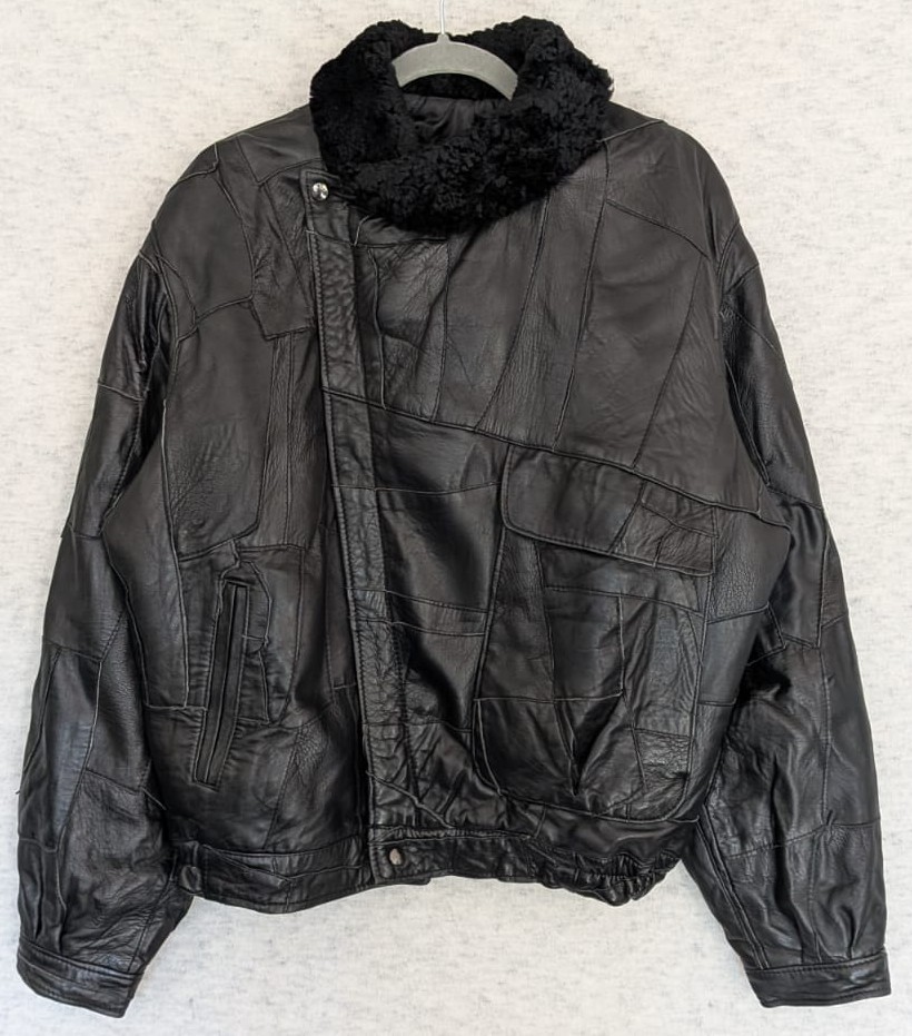 Vtg Spanish Patchwork Leather Biker Jacket Mens L Black Fur Collar Quilted Lined