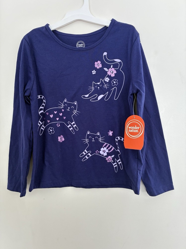 Wonder Nation Kid Girls Cute Glitter Floral Cats Long Sleeve Shirt Blue Violet 8