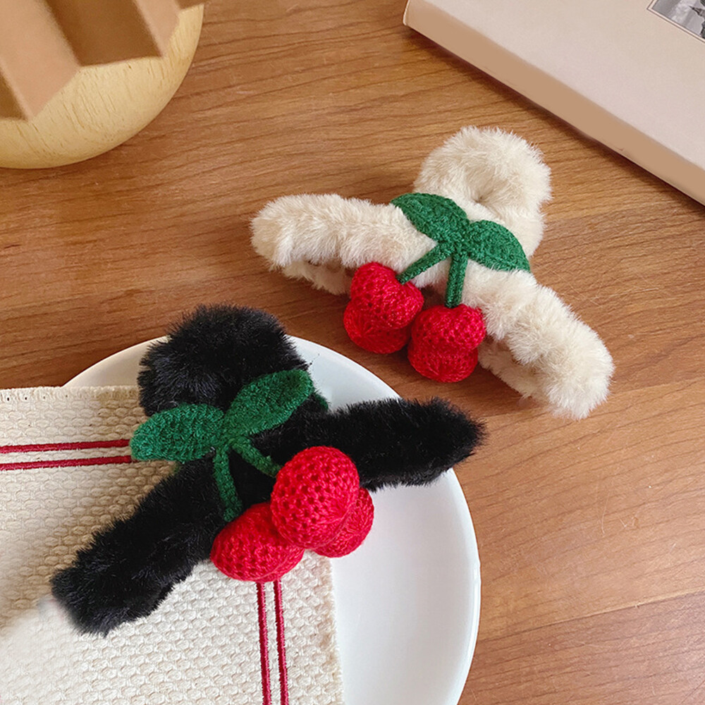 Fluffy Crab Hair Claw with Cherry Plush Handmade Hairpin Accessory