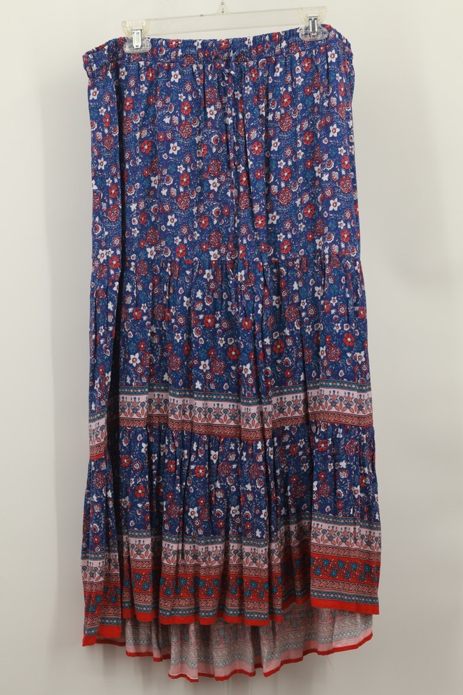 Knox Rose Womens XL Maxi Skirt Floral Boho Tiered High Low Elastic Waist Rayon
