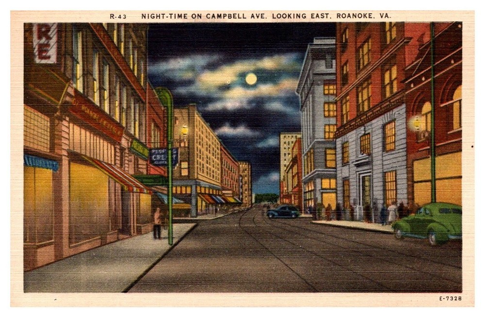 1940s Night View of Campbell Avenue Downtown Roanoke Virginia Vintage Postcard