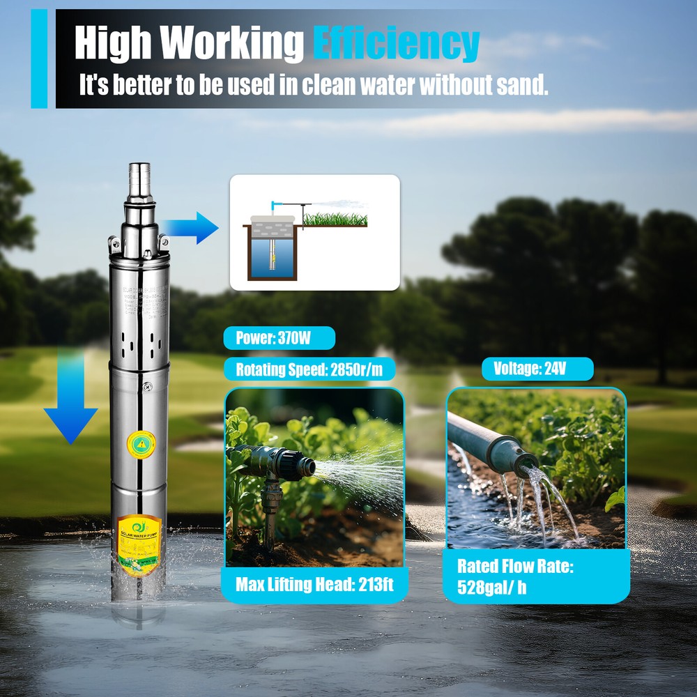 24v Solar Water Pump Deep Well Solar Submersible Pump Head 65m Stainless 370w