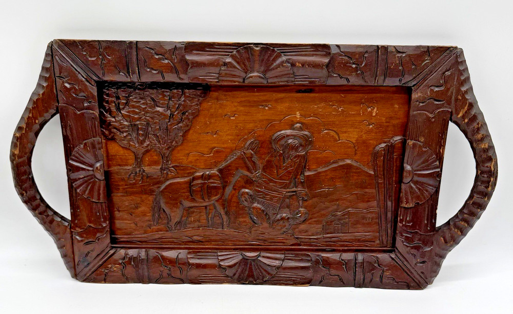 Vintage Hand-Carved Wooden Serving Tray Mexican Folk Art