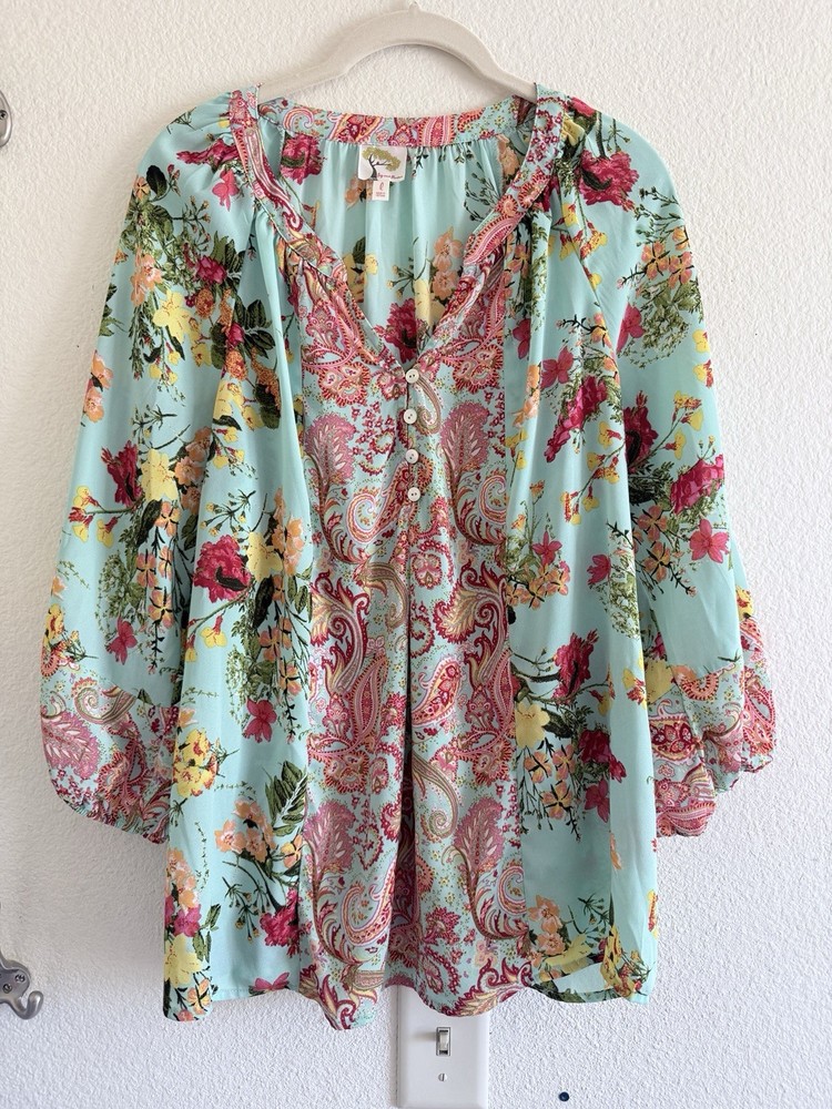 Anthropologie Fig & Flower Teal Blouse Chiffon Floral Size M