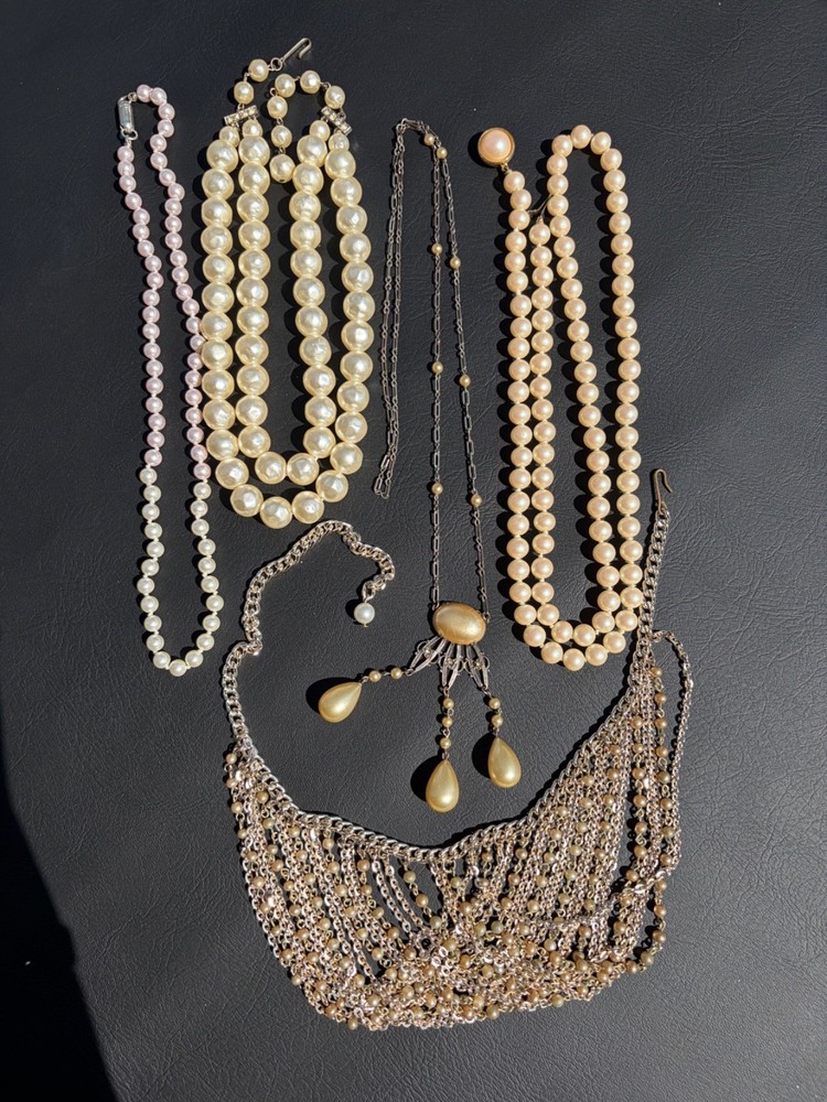 Lot of 5 Vintage Faux Pearl Necklaces-Dimpled Choker Opera Art Deco Multi Strand