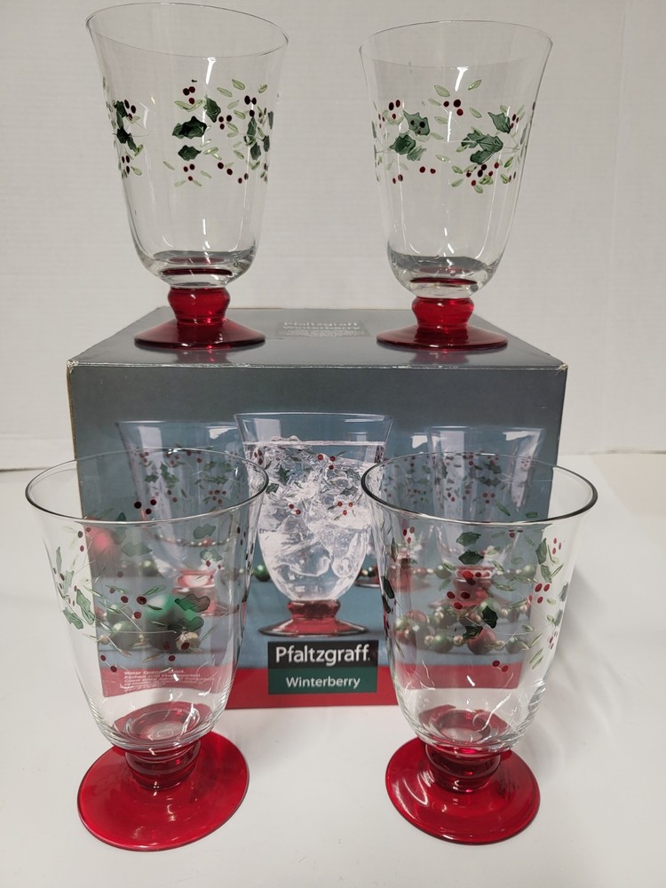 Set 4 Pfaltzgraff Winterberry Handpainted Etched Goblets Glasses In Original Box