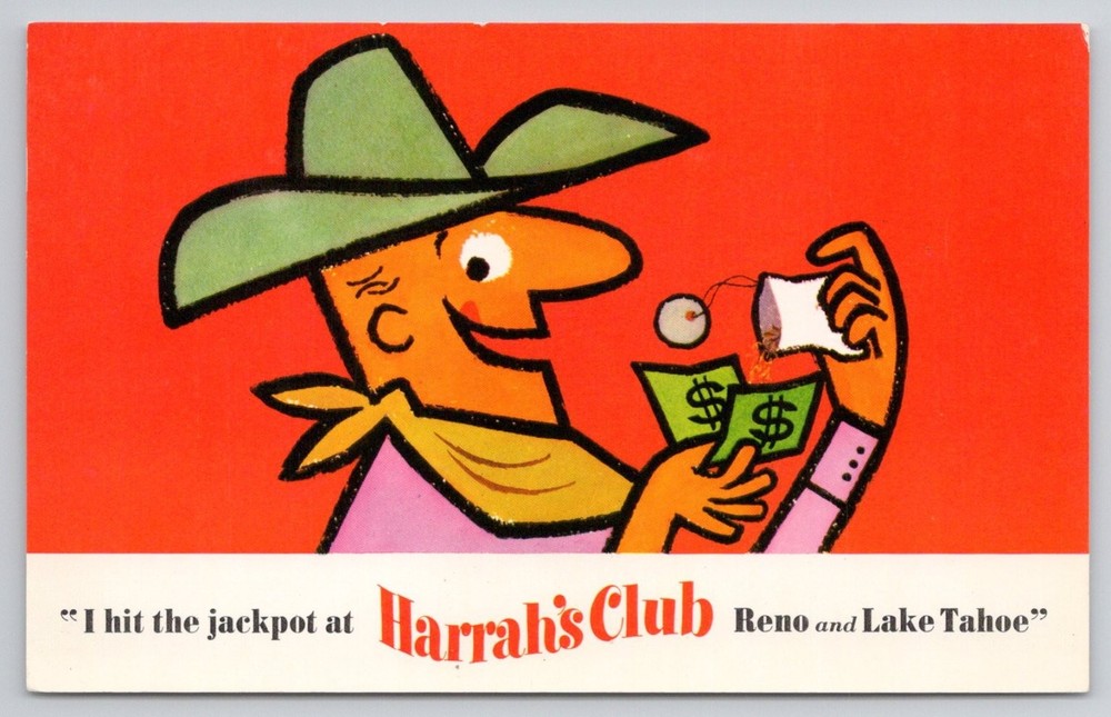 Vintage Harrah's Club Reno Lake Tahoe Casino Jackpot Cowboy Postcard