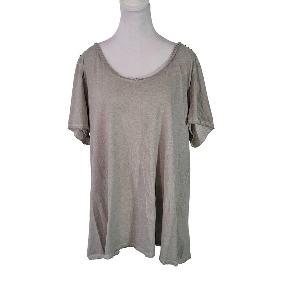 Lane Bryant Size 18/20 Studded V-Neck Grey Tee with Shoulder Detail