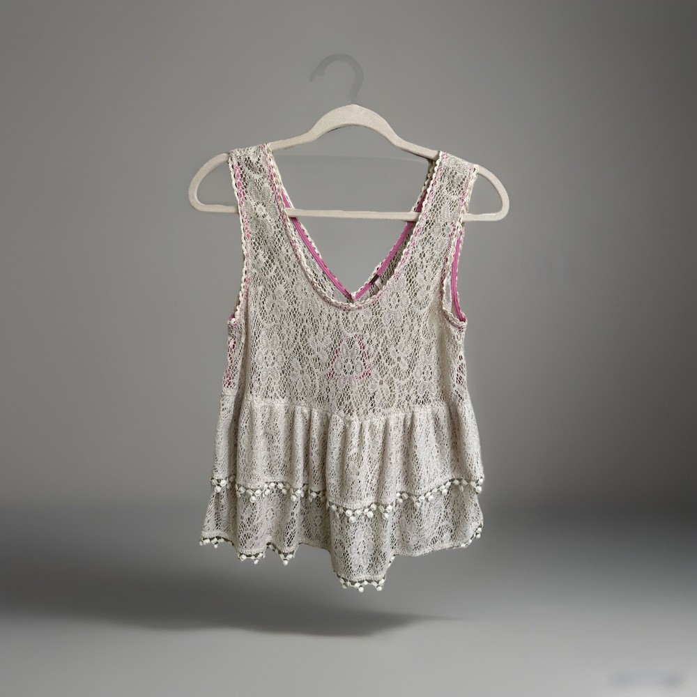 Free People Women's Boho Crocheted Tank Top Size M In Ivory Excellent Condition