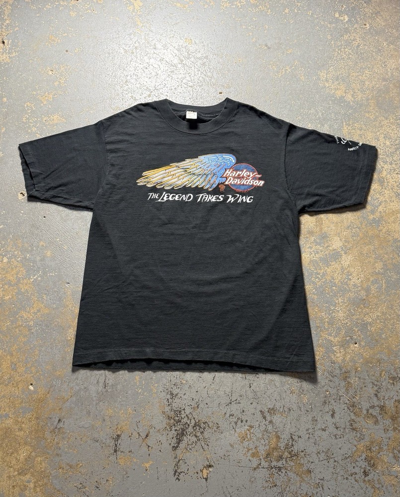 Vintage 80s Harley Davidson “The Legend Takes Wing” Black Graphic Shirt-Size XL