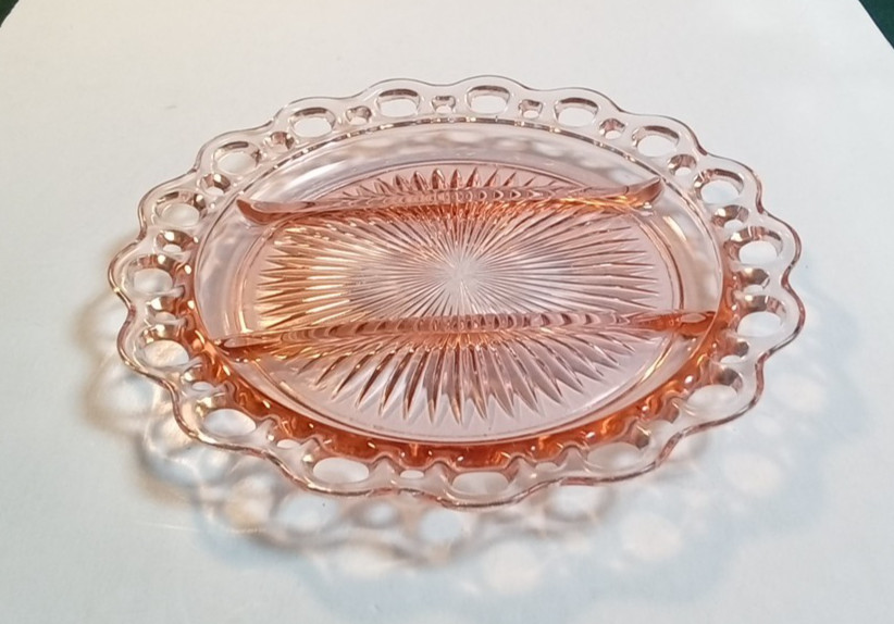 Anchor Hocking Old Colony Pink Depression Glass Open Lace Divided Relish Plate