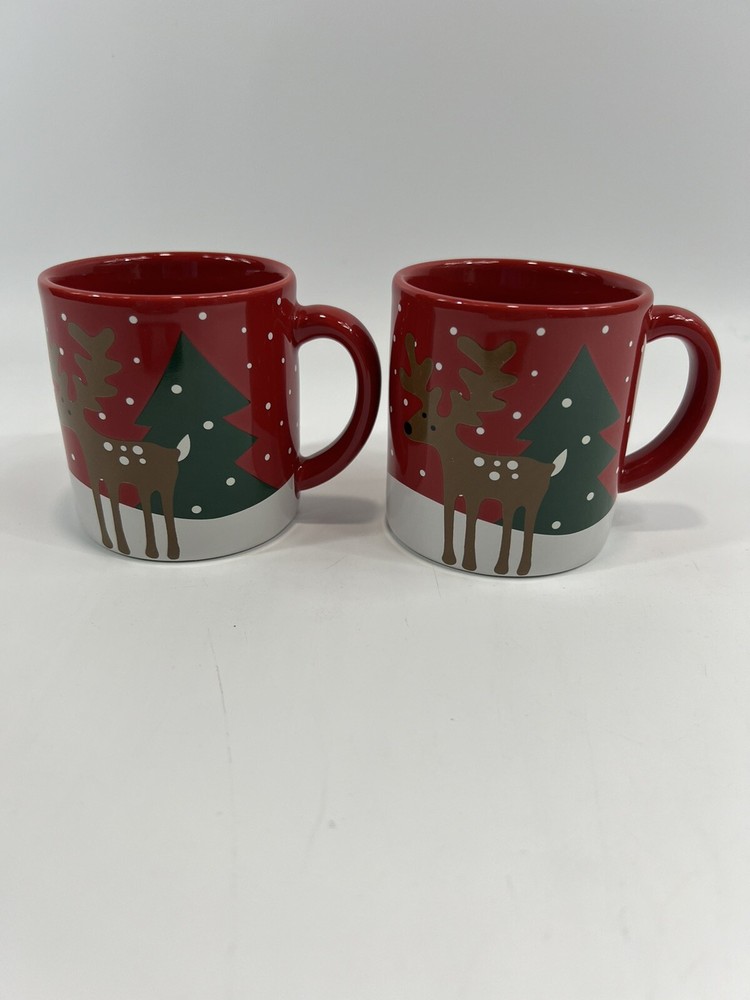 Crate & Barrel 2015 Red Kids Mugs Christmas Reindeer Fox Winter 6oz