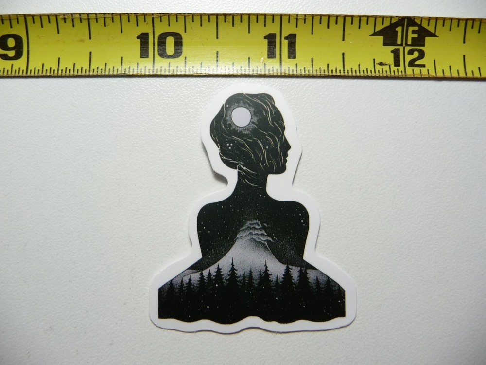 Mystical Woman Night Scene Mountain Trees Sticker Decal Nature Outdoors Calming Art
