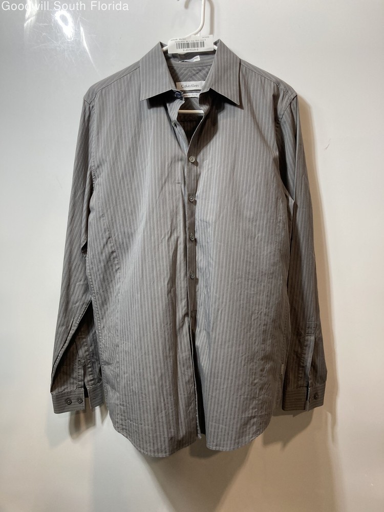 Calvin Klein Mens Gray Striped Print Extreme Slim Fit Button-Up Shirt Size M