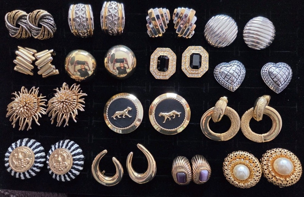 Vintage 80's Big Chunky Gold Tone Statement Earrings Lot Clip On Enamel 15 Pair