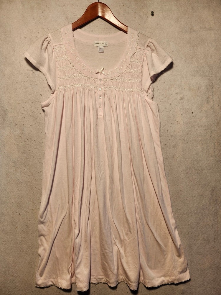 Miss Elaine Womens Nightgown Med Pink Embroidered Floral Summer Cotton Cottage