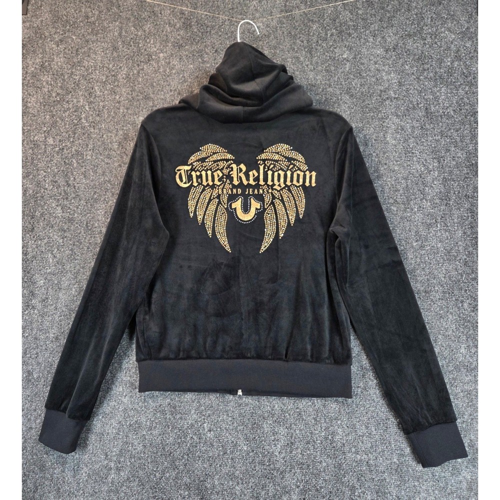True Religion Velour Wing Zip Up Hoodie Size Medium Black Rhinestone Wings Y2K