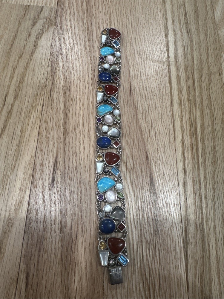 Sterling Silver Multi Gemstone Bracelet Turquoise Lapis Moonstone Artisan