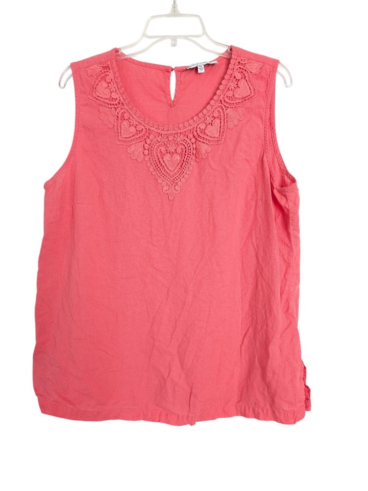 EMILY DANIELS Linen Blend Sleeveless Lace Front Blouse Shirt Top Size PXL Coral