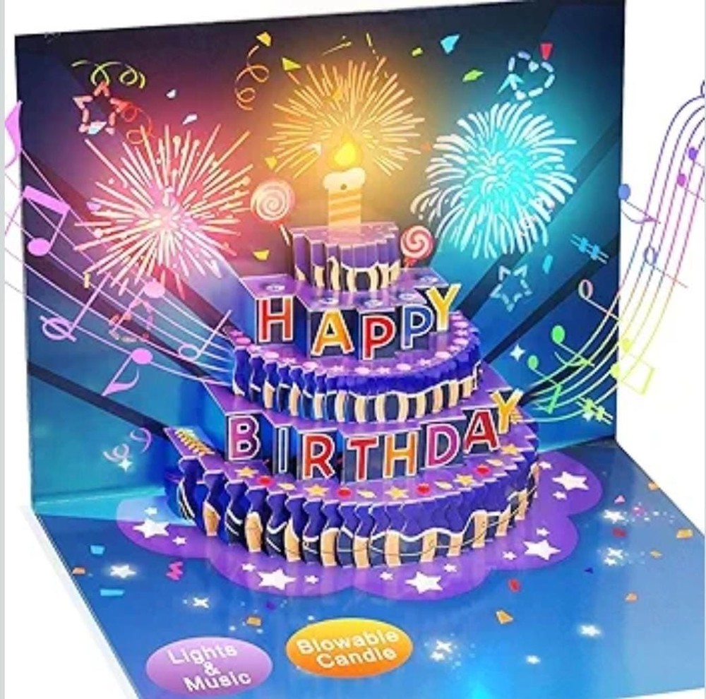 Fireworks Birthday Card 3D Pop Up Blowable Cake Greeting Cards with Lights