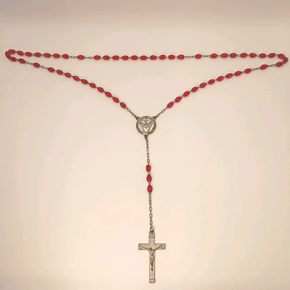 Vintage Red Rosary Holy Spirit Dove Crucifix Catholic Prayer Beads READ