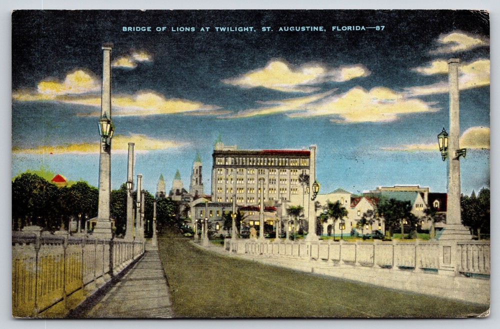 St Augustine Florida~Bridge Of Lions Twilight Scene~Lamps~Skyline~Linen Postcard
