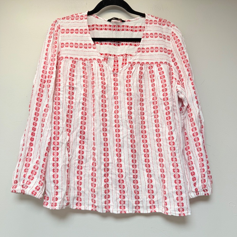 Banana Republic Blouse Womens L White Red Excellent Embroidered Peasant Boho Top