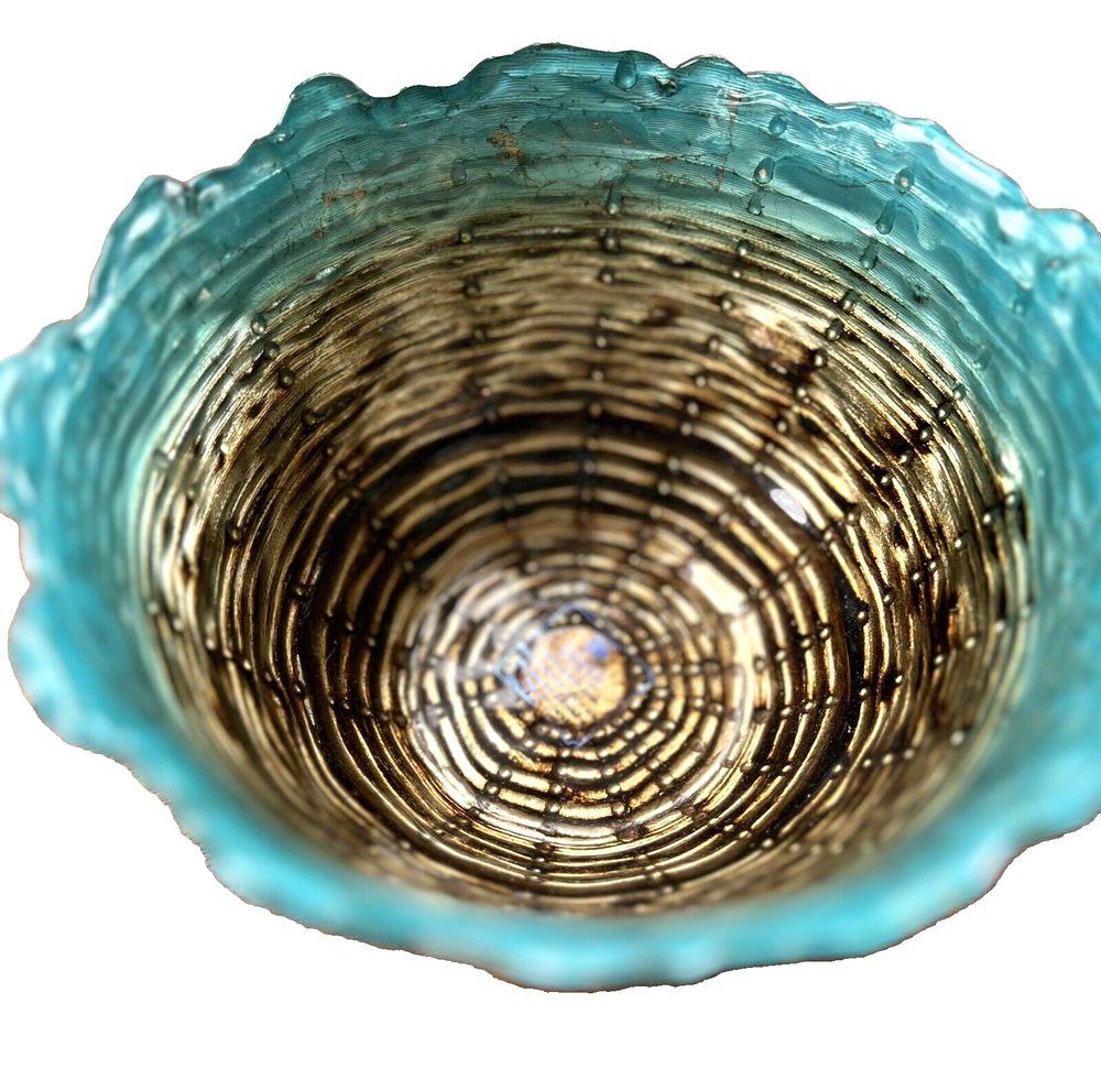 Turquoise Gold Handpainted Ocean Glass Bowl with Wave Edge Design  