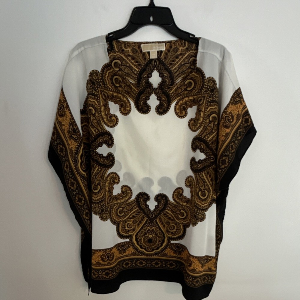 Michael Kors Women's Paisley Print Top L/XL Regular White Black Brown  Cover up