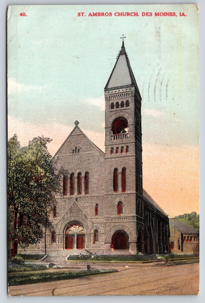 Des Moines Iowa~St Ambros Church Street View~Bell Tower~K-win Vintage Postcard