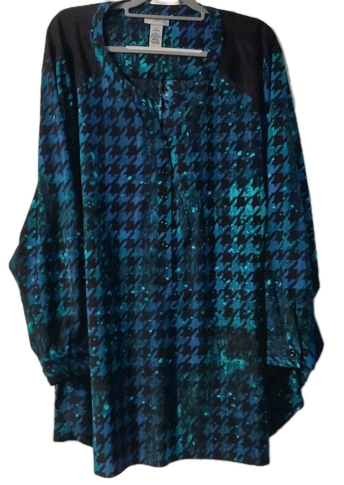 Catherines Womens Shirt Size 4X Blue Teal Black Herringbone V-Neck Long Sleeve
