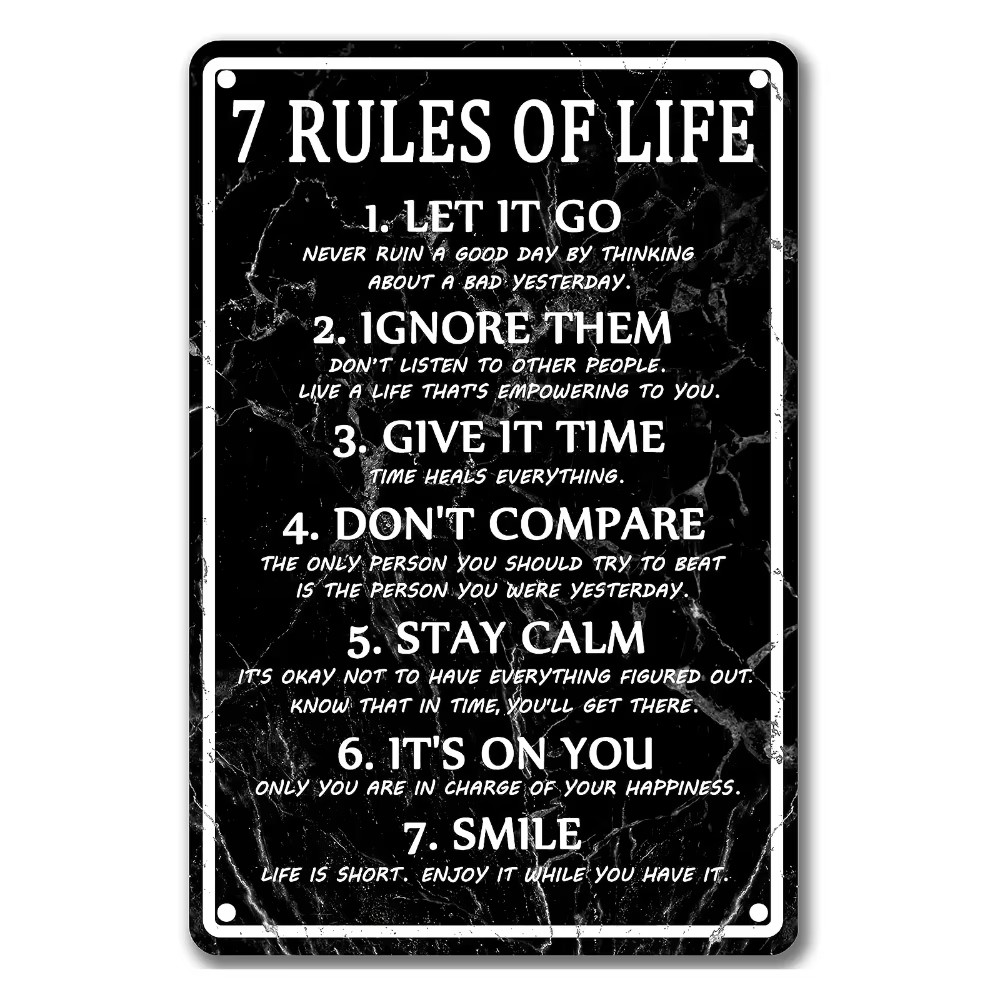 7 Rules of Life Metal Tin Sign - Motivational Wall Decor & Reading Room Poster